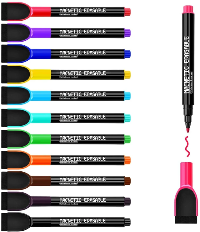 Main image of Fine Tip Dry Erase Markers, Low Odor, 12 Colors, Magnetic, with Eraser Cap