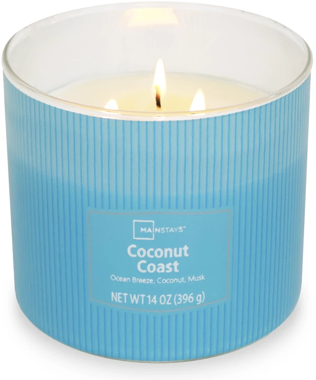 Main image of Mainstays 3-Wick Textured Wrapped Candle, Coconut Coast Fragrance, 14 oz
