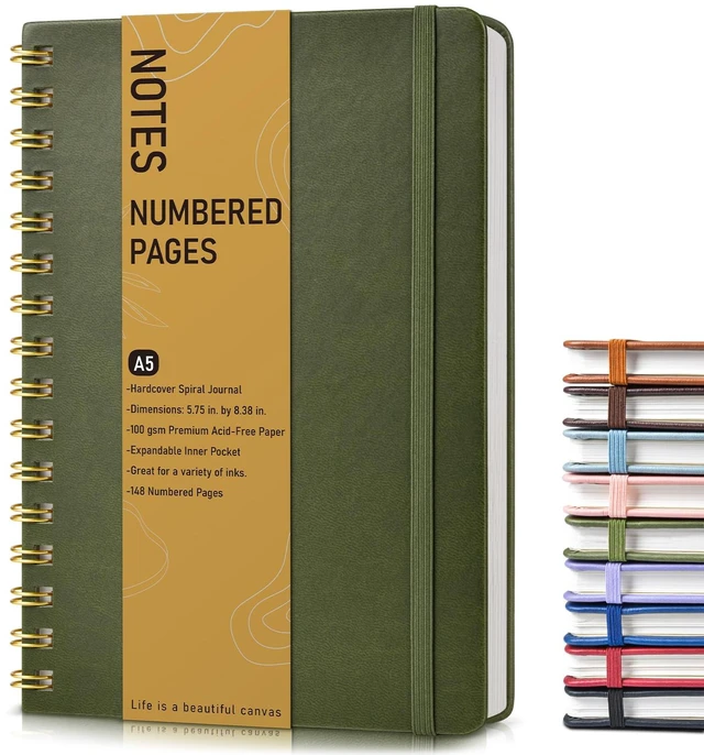 Main image of A5 Hardcover Spiral Journal, 150 Numbered Pages, 100 GSM College Ruled, Lined, 5.75" x 8.38", Olive Green