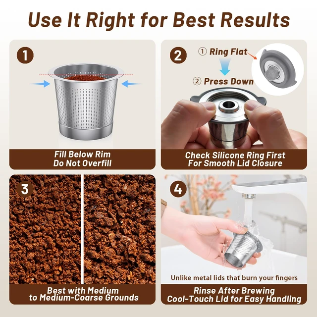 Alt view image 3 of 6 - ComfortGrip Reusable K Cups for Keurig 1.0, 2 Pack 304 Food-Grade Steel Coffee Pods with Anti-Scald Silicone Lid, BPA-Free (Not for K-Slim, K-Supreme, Keurig 2.0)