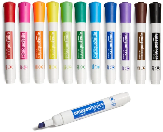 Main image of Amazon Basics Dry Erase Whiteboard Markers, Chisel Tip, Low-Odor, Assorted Colors, 12-Pack, Erase Easily