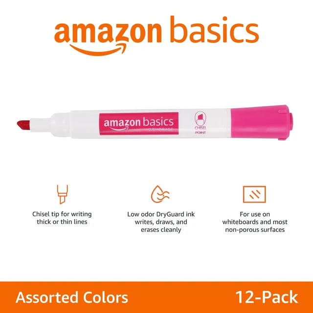 Alt view image 6 of 6 - Amazon Basics Dry Erase Whiteboard Markers, Chisel Tip, Low-Odor, Assorted Colors, 12-Pack, Erase Easily