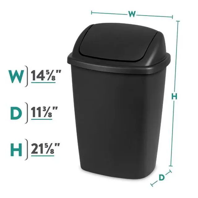 Alt view image 5 of 5 - 7.5Gallon Black Plastic SwingTop Trash Can, Square SpaceSaving Bin for Kitchen Office Dorm & Garage