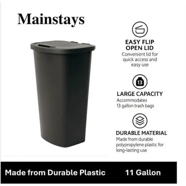 Main image of 11Gallon Rectangle Kitchen Trash Can, Black Polypropylene With LiftTop Lid, Fits 13Gallon Standard Garbage Bags