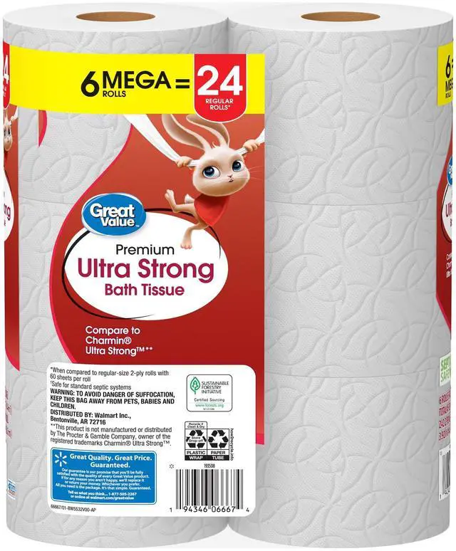 Main image of Soft Strong Absorbent 2Ply Bath Tissue, 6 Mega Rolls Equals 24 Regular Rolls, Embossed Texture for Household Daily Hygiene