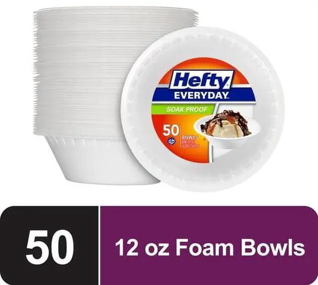 Main image of 12oz SoakProof Disposable Foam Bowls 50Count, White Small Bowls for HotCold Foods, Parties, Tailgates & Camping