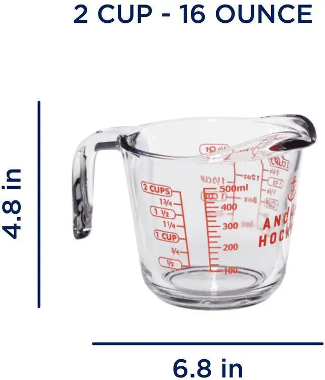 Alt view image 6 of 6 - Anchor Hocking 16Ounce Tempered Glass Measuring Cup, Etched ImperialMetric Red Markings, Safe For Oven Microwave Dishwasher Fridge Freezer