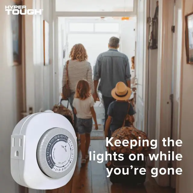 Alt view image 3 of 7 - Hyper Tough Indoor Grounded Mechanical Timer, 2 Grounded 3Prong Outlets, 24 Daily OnOff Cycles, 30Min Interval Programming With Manual Override