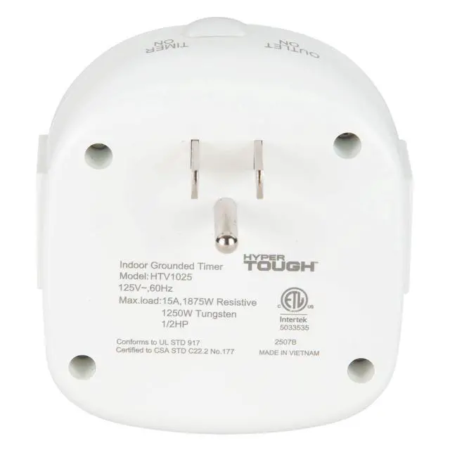 Alt view image 4 of 7 - Hyper Tough Indoor Grounded Mechanical Timer, 2 Grounded 3Prong Outlets, 24 Daily OnOff Cycles, 30Min Interval Programming With Manual Override
