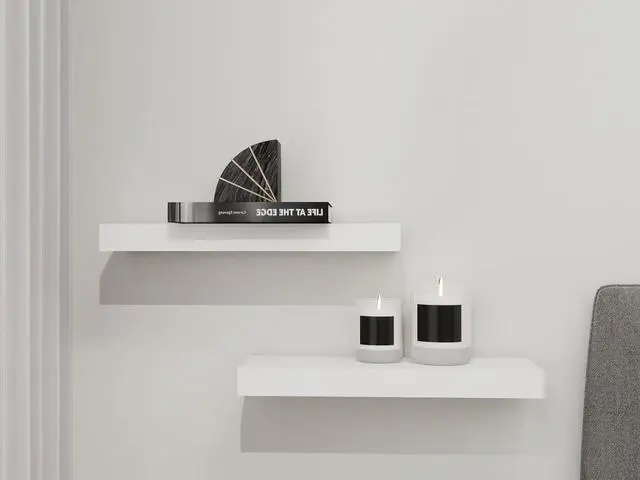 Main image of Mainstays White Floating Wall Shelves Set, 16.5" x 5.5" MDF Engineered Wood Shelves with Mounting Hardware Included