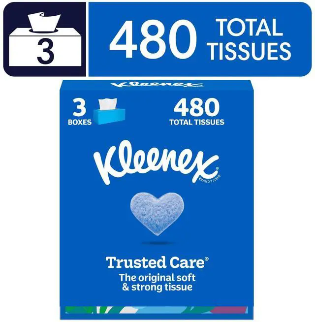 Main image of Kleenex Trusted Care 2-Ply Facial Tissues Flat Box, 3 Pack, 480 Total Tissues