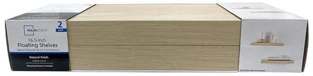 Main image of Mainstays Rectangular Natural WoodGrain Floating Wall Shelves, 2Count Set, EngineeredMDF for Bedroom, Living Room & Office Wall Decor