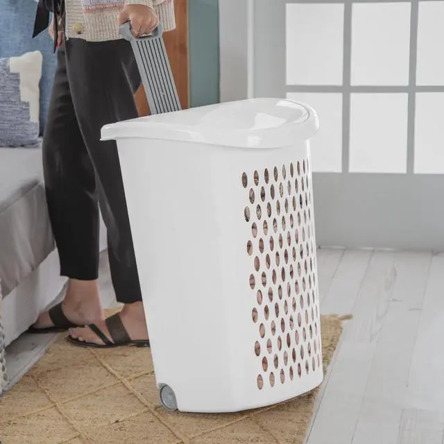 Alt view image 5 of 7 - White Sterilite Ultra Wheeled Plastic Hamper, 201/8"×153/8"×263/4", ComfortGrip Handles for Dorm, Apartment Household Use