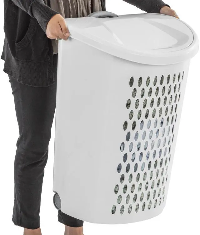 Alt view image 4 of 7 - White Sterilite Ultra Wheeled Plastic Hamper, 201/8"×153/8"×263/4", ComfortGrip Handles for Dorm, Apartment Household Use