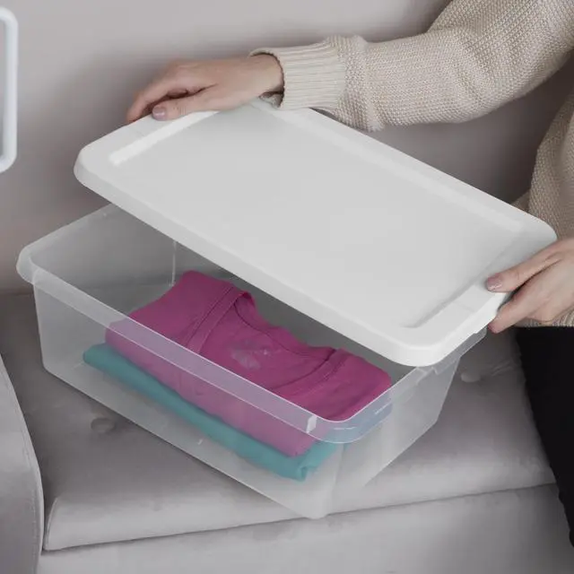 Alt view image 2 of 6 - Sterilite 12 Quart Storage Boxes 4Pack, Clear Base with White SnapOn Lids, Stackable BPAFree Plastic Bins for Closet, Dorm & Household Organization