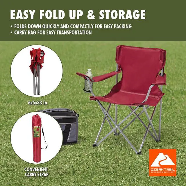 Alt view image 6 of 6 - Ozark Trail Quad Folding Camp Chair with Cup Holder, Red