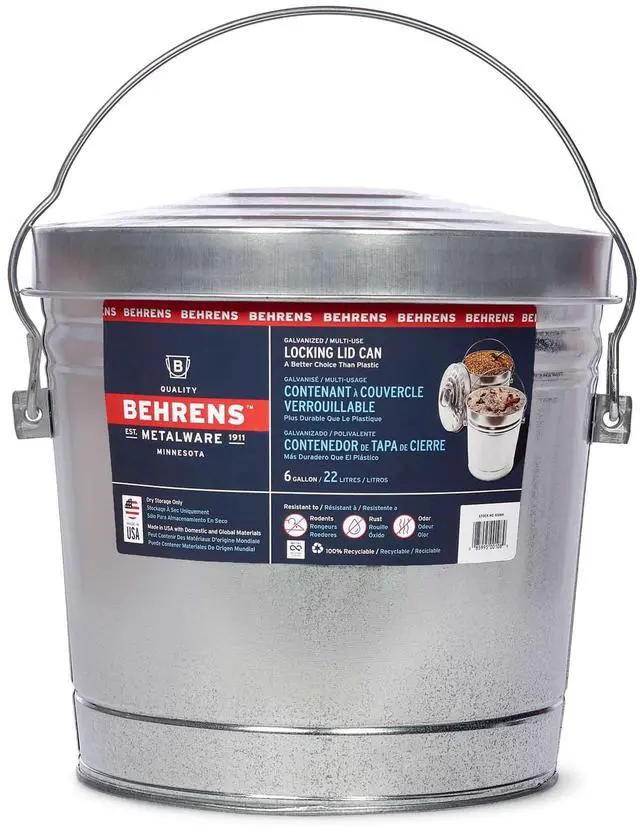 Main image of Behrens Galvanized Steel LockingLid Storage Can, RodentRustWeatherResistant DryStorage Container, Made in USA for Pet Food, Bird Seed & Farm Supplies