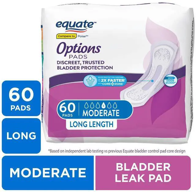 Main image of Equate Options Women's Incontinence Pads, Moderate Absorbency, Long Length, 60 Count