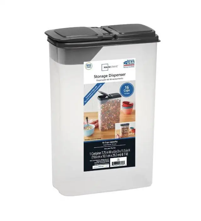 Alt view image 3 of 6 - Mainstays Plastic Small Cereal Dispenser, Clear, Gray Lid, 16-Cups, Single, 7.25" x 4" x 11.25", Made for Pantry Organization and Food Storage