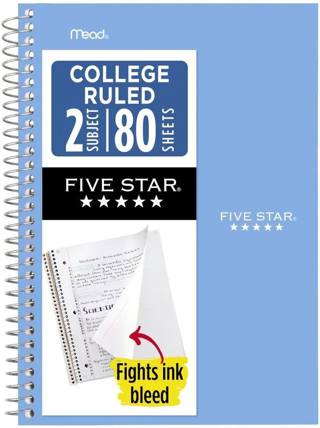 Main image of Five Star Spiral Notebook, 2 Subject, College Ruled Paper, 6" x 9.5", 80 Sheets, Blue (840029CG1)