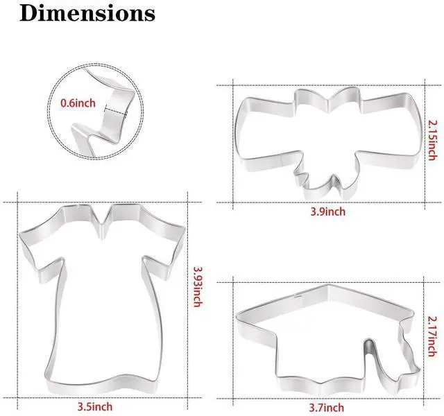 Alt view image 3 of 7 - Graduation Cookie Cutters Set 3 Pieces, Stainless Steel Cap, Diploma, Gown Dress for Party