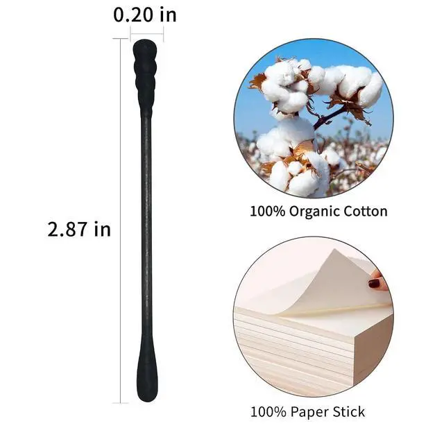 Alt view image 3 of 7 - Spiral Cotton Swabs 200 Count, Organic Cotton, Paper Stick, Black, Round & Spiral, Soft, Cruelty-Free, Lint-Free
