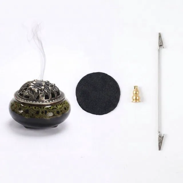 Alt view image 2 of 6 - Ceramic Incense Burner Set, Vintage Kiln-Changed Censer with Alloy Holder, Coil Cone Stick Incense Burner, Zen Decor for Home Meditation Yoga, with Clip & Fireproof Mat