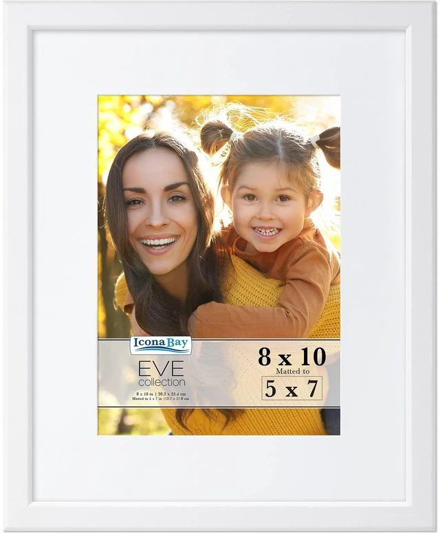 Main image of Icona Bay 8x10 White Picture Frame with Removable Mat to 5x7, Modern Double-Beveled Frame, Tabletop or Wall Mount, Eve Collection