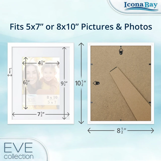 Alt view image 4 of 6 - Icona Bay 8x10 White Picture Frame with Removable Mat to 5x7, Modern Double-Beveled Frame, Tabletop or Wall Mount, Eve Collection