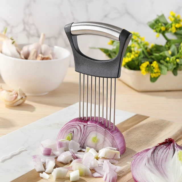 Alt view image 3 of 7 - Mumulo Stainless Steel Onion Cutter and Slicer, Protective Cover, Dishwasher Safe, Black, for Slicing and Storing Onions, Tomatoes, Eggs, Vegetables
