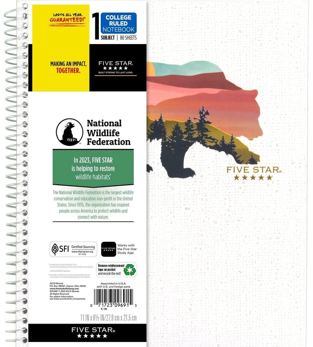 Main image of Five Star National Wildlife Federation Spiral Notebook, 1 Subject, College Ruled, 11" x 8-1/2", 80 Sheets, Forest Bear, 1 Count, with Study App (820088FM)