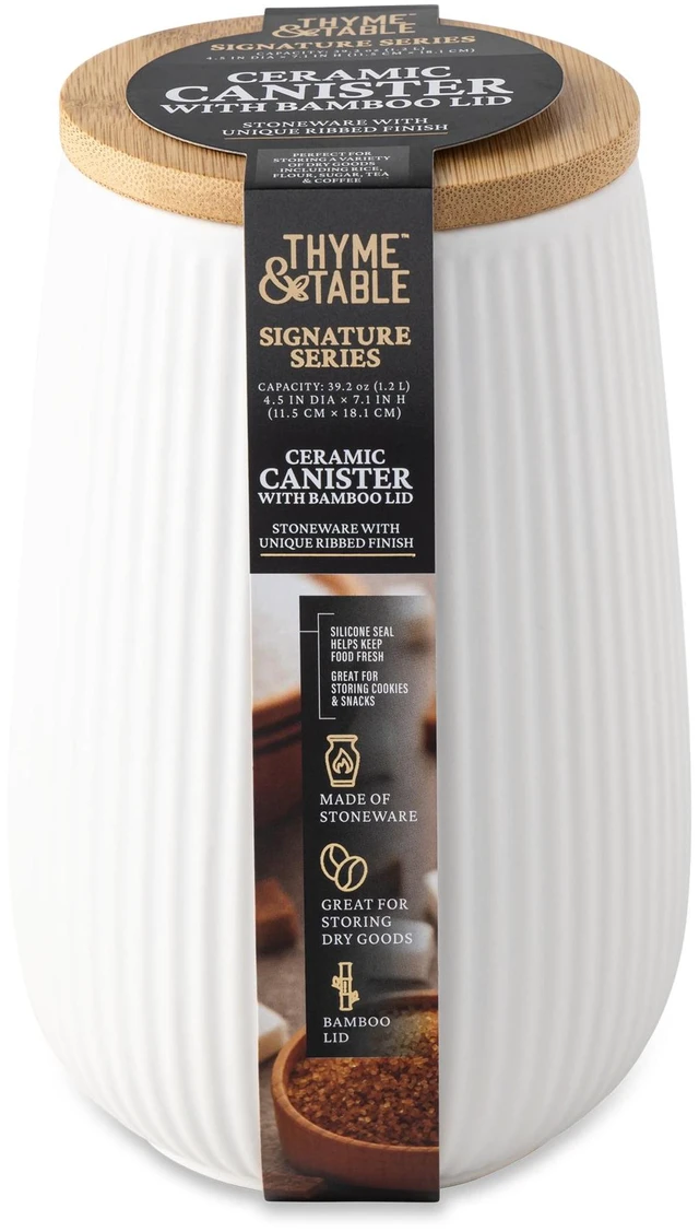 Alt view image 2 of 7 - Thyme&Table 1.2L White Ceramic Ribbed Canister with Bamboo Lid