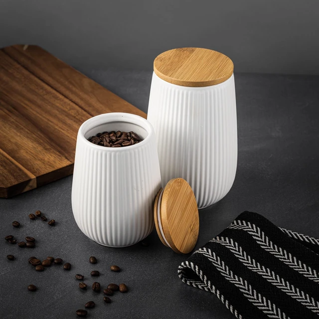 Alt view image 6 of 7 - Thyme&Table 1.2L White Ceramic Ribbed Canister with Bamboo Lid