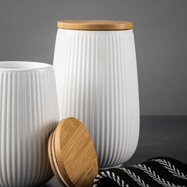 Alt view image 5 of 7 - Thyme&Table 1.2L White Ceramic Ribbed Canister with Bamboo Lid