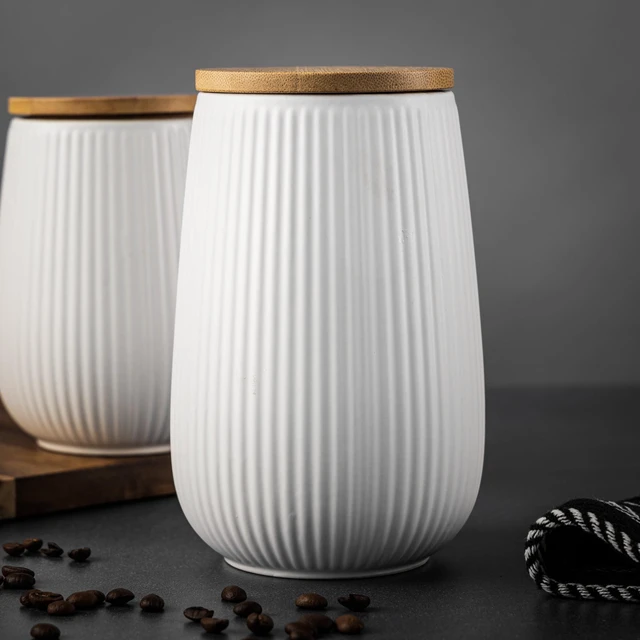 Alt view image 7 of 7 - Thyme&Table 1.2L White Ceramic Ribbed Canister with Bamboo Lid