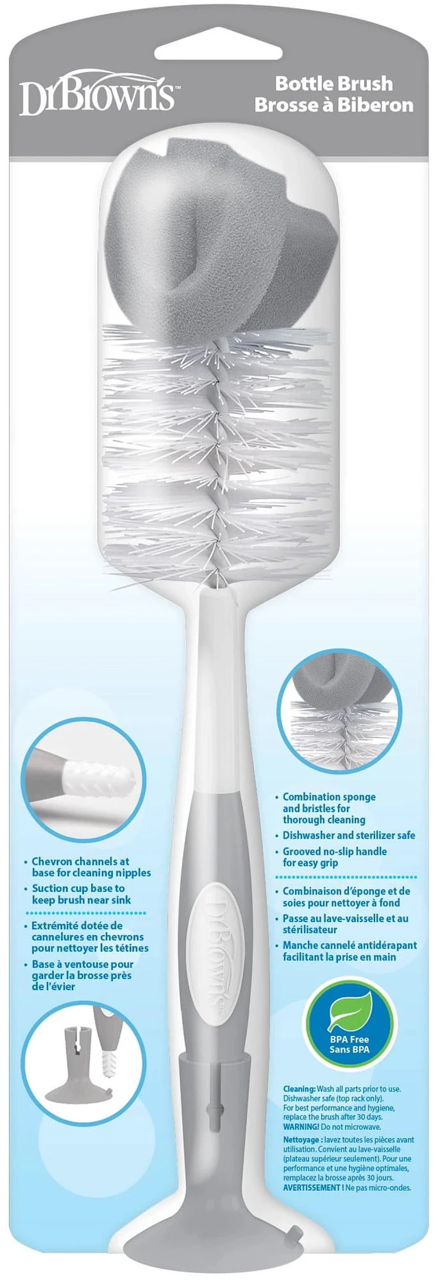 Alt view image 4 of 6 - Dr. Brown's Baby Bottle Brush with Suction Cup Stand, Sponge, Scrubber and Nipple Cleaner, Gray, 1 Pack
