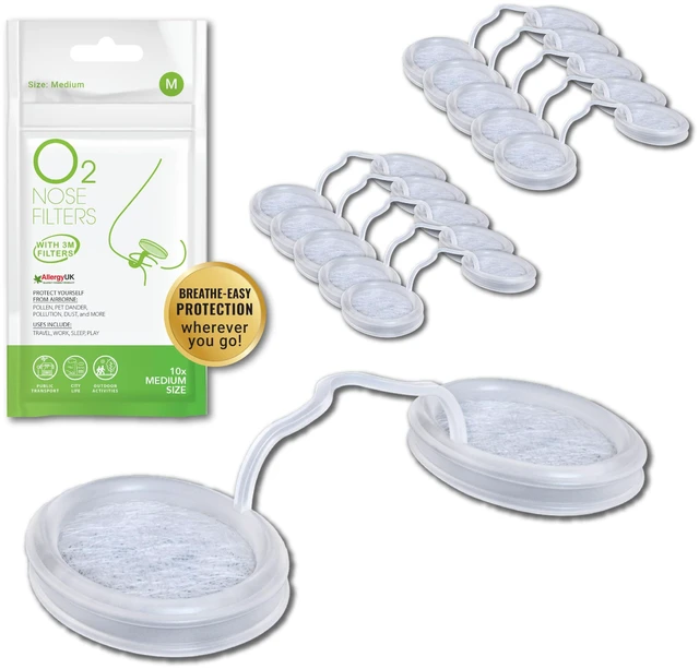 Main image of O2 Nose Filters with 3M Filtration - Nasal Screens for Allergies, Dust & Smoke - Drug-Free & Latex-Free Nose Filters - Invisible Allergy Protection (Medium x 10)