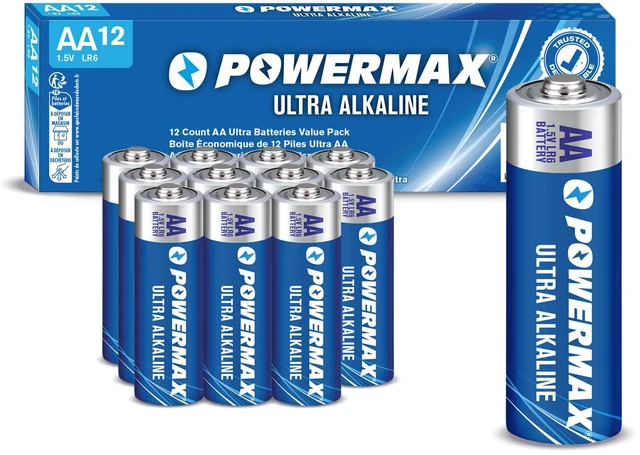 Main image of Powermax AA Alkaline Batteries 12-Pack, Double A, Long Lasting Power, 1.5V, Leak Resistant, 10-Year Shelf Life, Reclosable Packaging for Home and Office
