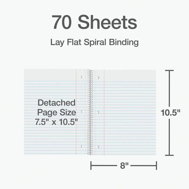 Alt view image 6 of 6 - Oxford Spiral Notebooks, 2 Pack, 1 Subject, Wide Ruled Notebooks for School, 8 x 10.5 Inches, 70 Sheets, Assorted Colors, Back to School Supplies (1002539)