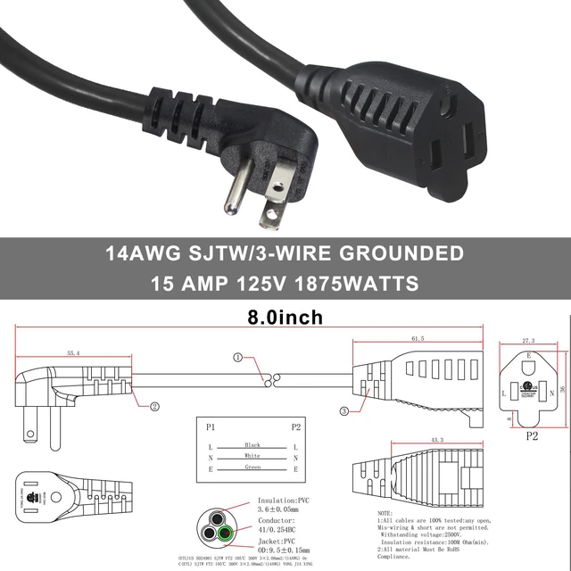 Alt view image 5 of 7 - Short Power Extension Cord - Low Profile Wall Head 6 Inch 14AWG/3C SJTW Heavy Duty Extension Cable for Indoor/Outdoor, 90-Degree Flat Plug 15A/125V 1875W NEMA 5-15P to NEMA 5-15R, Black 1-Pack