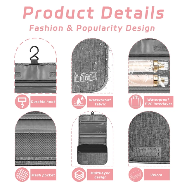 Alt view image 2 of 6 - Toiletry Bag Travel Bag with Hanging Hook, Waterproof Shower Bathroom Hanging Toiletry Bag for Men Women,Small Multifunctional Makeup Cosmetic Bag,Portable Toiletries Bag Travel Organizer (Grey)