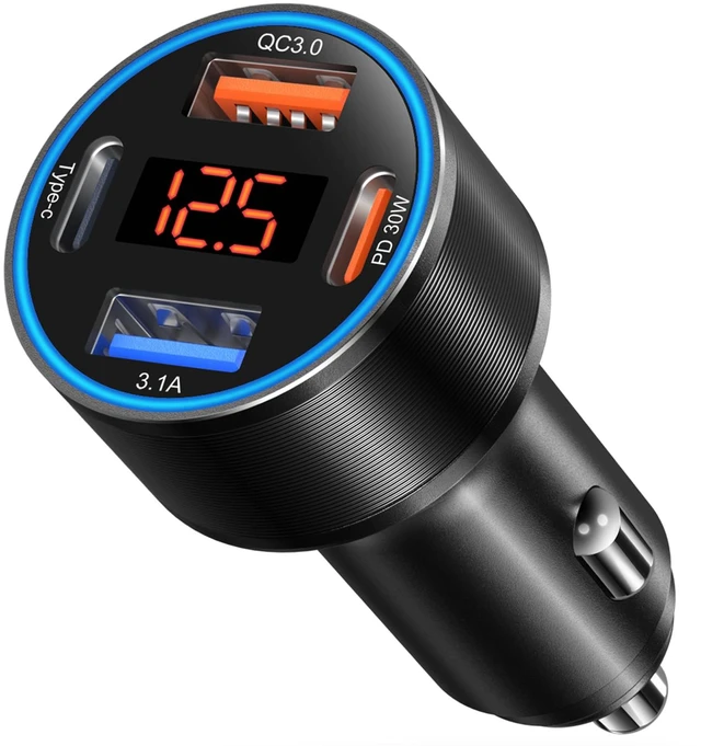Main image of USB C Car Charger, 4-Port 65W Dual 12V USB-A & USB-C Car Phone Charger with Voltmeter PD/QC 3.0 Fast Charging Cigarette Lighter Adapter for iPhone 16e 15 14 13 12 11 Pro Max,Samsung, Android(Black)