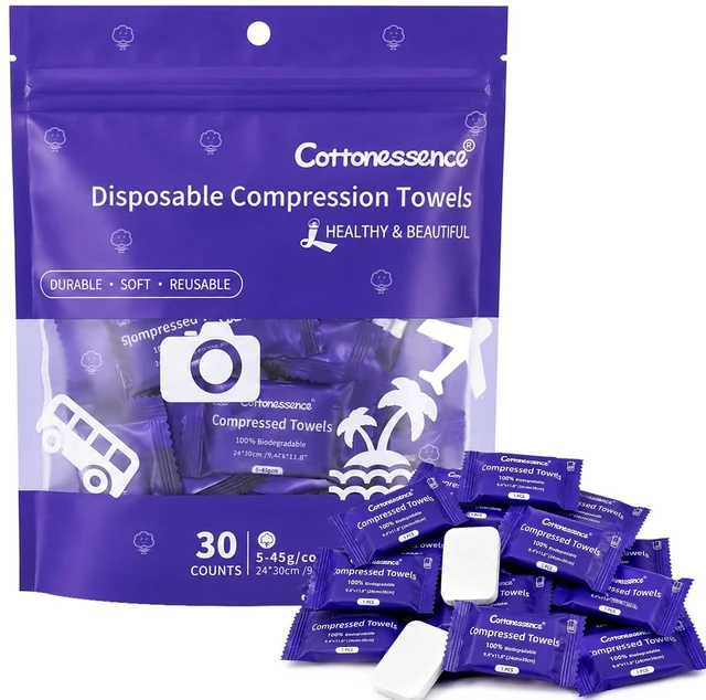 Main image of Cottonessence Premium Compressed Towels (30 count) - 30 Count (Pack of 1), 9.4" x 11.8", Portable Cotton Wipes Tablets, Individually Wrapped Coin Tissues for Travel Camping Hiking Outdoor Beauty Salon