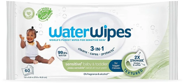 Main image of WaterWipes Sensitive+ Baby & Toddler Wipes, 3-In-1 Cleans, Cares, Protects, 99.9% Water, Textured Clean, Unscented & Hypoallergenic, 60 Count (1 Pack)