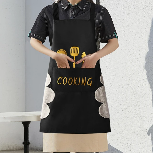 Alt view image 4 of 7 - Kitchen Apron with Hand Wipe,Water-drop Resistant with 2 Pockets Cooking Bib Aprons for Women Men Chef