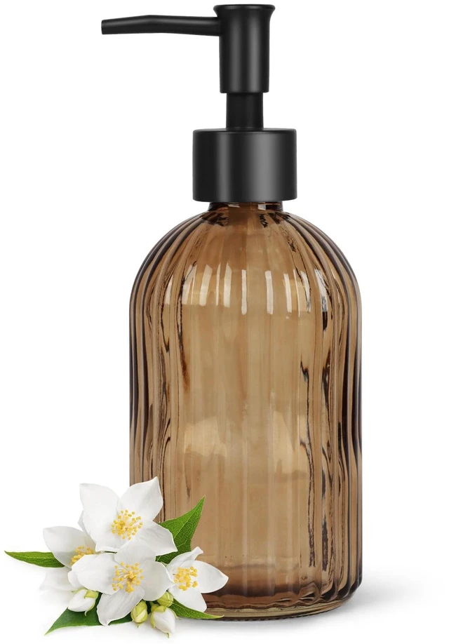 Main image of 13.5oz Stripe Glass Soap Dispenser with Black Plastic Pump, 400ml Liquid Hand Soap Dispenser, Rustproof Pump for Kitchen & Bathroom, Great for Lotions, Essential Oil, Liquid Soaps-Amber