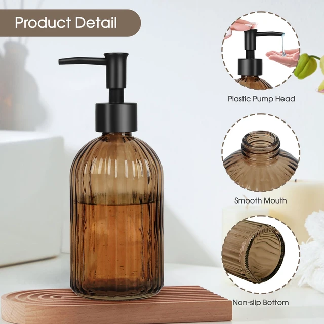 Alt view image 3 of 6 - 13.5oz Stripe Glass Soap Dispenser with Black Plastic Pump, 400ml Liquid Hand Soap Dispenser, Rustproof Pump for Kitchen & Bathroom, Great for Lotions, Essential Oil, Liquid Soaps-Amber