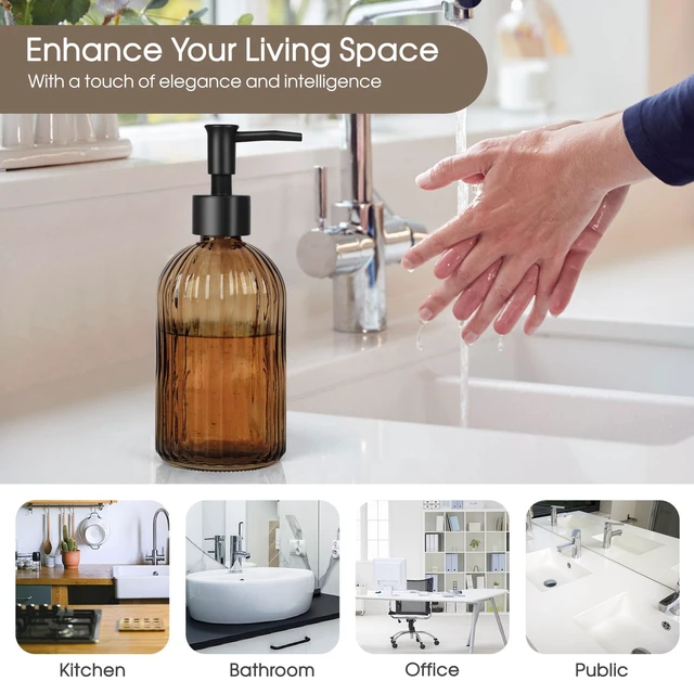 Alt view image 2 of 6 - 13.5oz Stripe Glass Soap Dispenser with Black Plastic Pump, 400ml Liquid Hand Soap Dispenser, Rustproof Pump for Kitchen & Bathroom, Great for Lotions, Essential Oil, Liquid Soaps-Amber