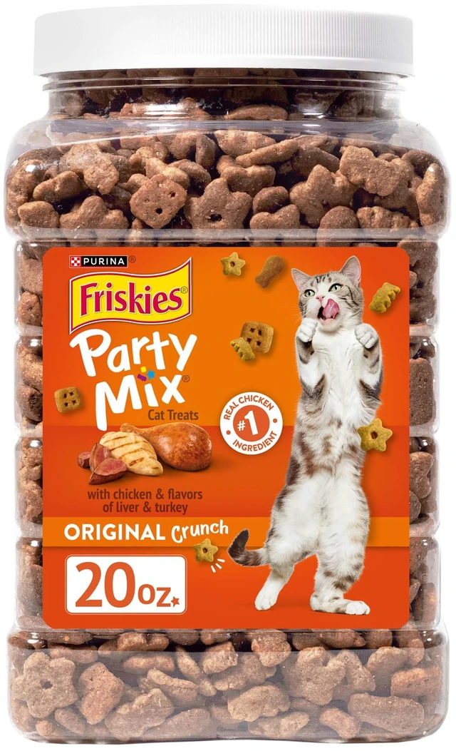 Main image of Purina Friskies Party Mix Original Crunch, Cat Treats, Chicken, Liver, & Turkey, 20 oz Canister, 3 Pack