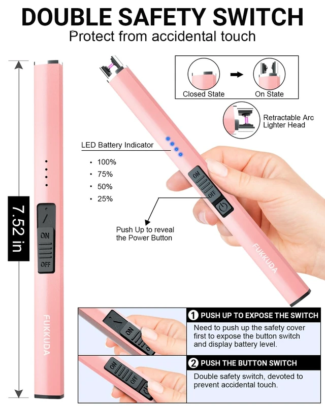 Alt view image 2 of 6 - FUKKUDA Electric Candle Lighter with Safety Switch, USB Rechargeable Windproof Flameless Plasma Arc Lighter - Rose Gold